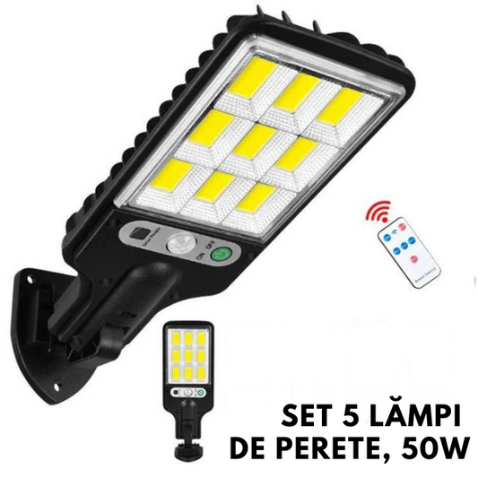 Set 5 x Lampi Solare de Perete, 3 Moduri de Functionare, Telecomanda, Senzor de Miscare si Lumina