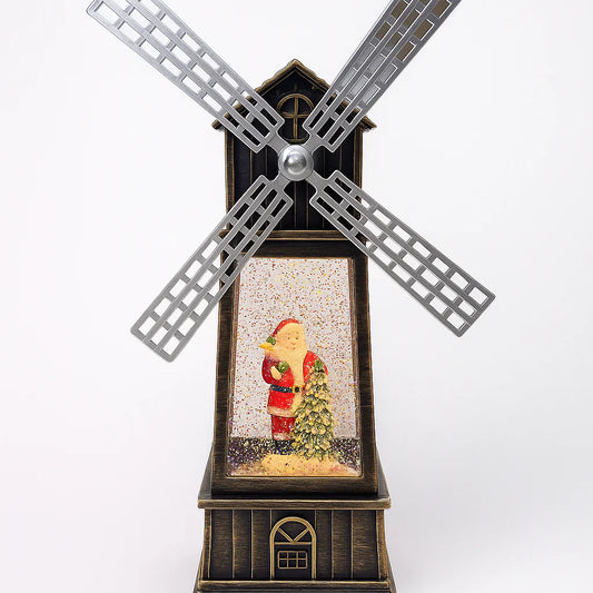 Decoratiune Craciun, Figurina Moara de Vant cu Mos Craciun, functie muzicala, zapada in miscare, cu baterii, Negru/Auriu, 3 Modele