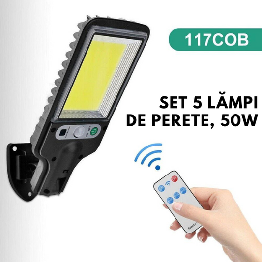 Set 5 x Lampi Solare de Perete cu 117 LED-uri COB, 3 Moduri de Functionare, Telecomanda, Senzor de Miscare si Lumina