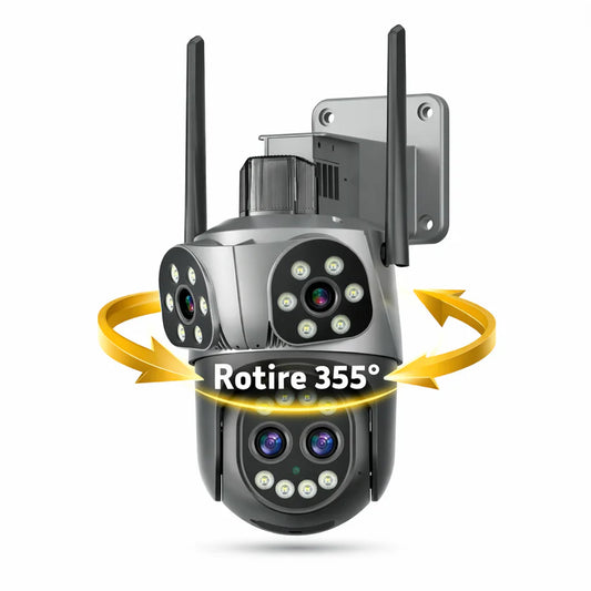 Cameră WiFi 12MP JORTAN, Quad Lens, Rotire 355°, Urmărire Automată, Alarmă cu Lumini, Vedere Nocturnă Color, IP66