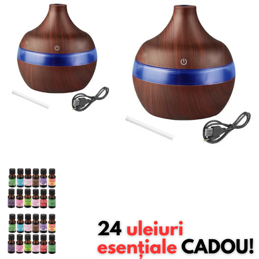1+1 GRATIS: Difuzor Aromaterapie Cu Ultrasunete Si Umidificator Cu LED, 300 ml, Wenge + 24 uleiuri CADOU