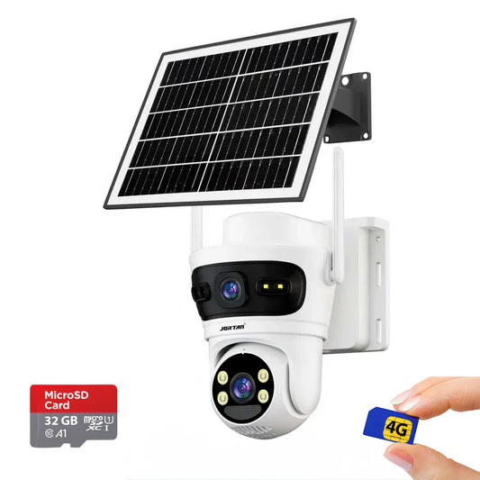 Camera de Supraveghere cu 2 Lentile 6MP, 4G, Panou Solar, 18.000mA PTZ 355°, Jortan 4GHD, IP66, HD, 1920 x 1080 Pixeli, Aplicatie Yoosee + Card 32GB CADOU - ALB/GRI