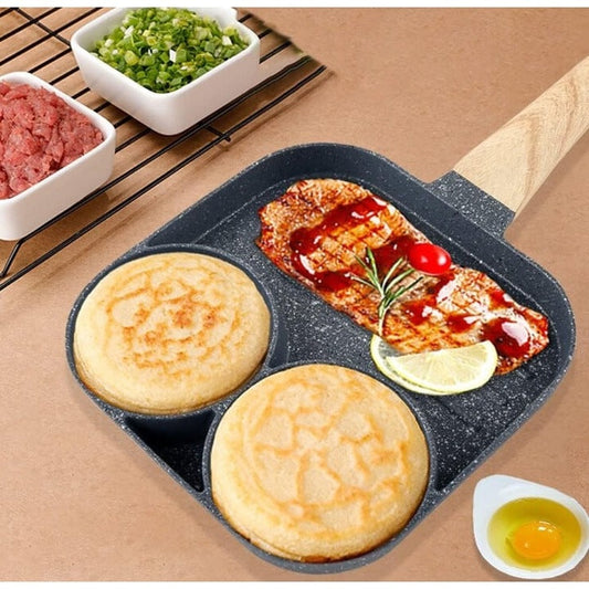 Tigaie cu 3 Compartimente pentru Mic Dejun, Clătite, Pancakes și Ouă, Suprafață Antiaderentă, 34 cm, Gri