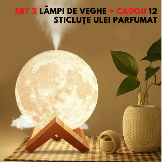 Set 2 X Lampa de veghe cu umidificator 3 D + Set de 12 uleiuri esentiale pentru aromatherapy, diferite esente