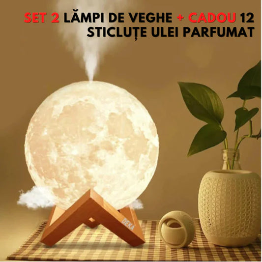 Set 2 x Lampa De Veghe Cu Umidificator 3D + Set De 12 Uleiuri Esentiale Pentru Aromaterapie, Diferite Esente