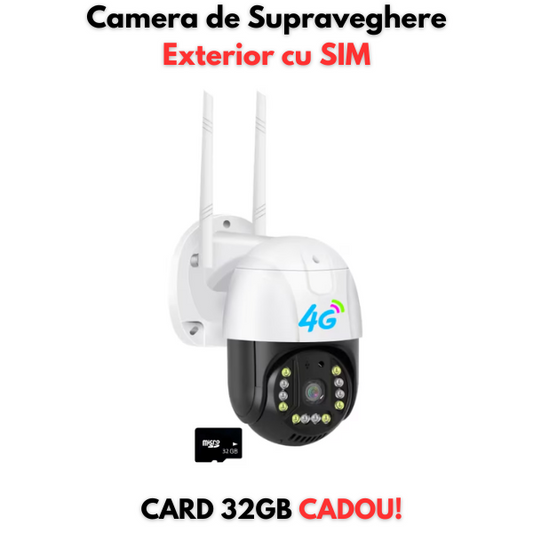 Camera de Supraveghere Exterior cu SIM 4G+Ethernet, Rotativa, Senzor de miscare, 3MP, HD + Card CADOU