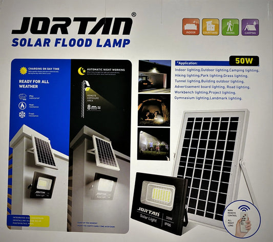 Proiector LED Jortan cu panou solar, telecomanda inclusa si senzor de lumina (50W, 100W, 300W, 500W)