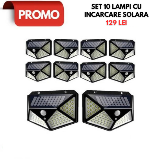 Azi la oferta! Set 10 x Lampa cu Incarcare Solara , Senzor de Miscare, 3 Moduri de Iluminare, 100 LED, Prindere pe Perete