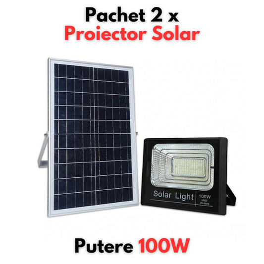 Oferta zilei! Pachet 2 x Proiector LED 100W cu panou solar, telecomanda inclusa si senzor de lumina