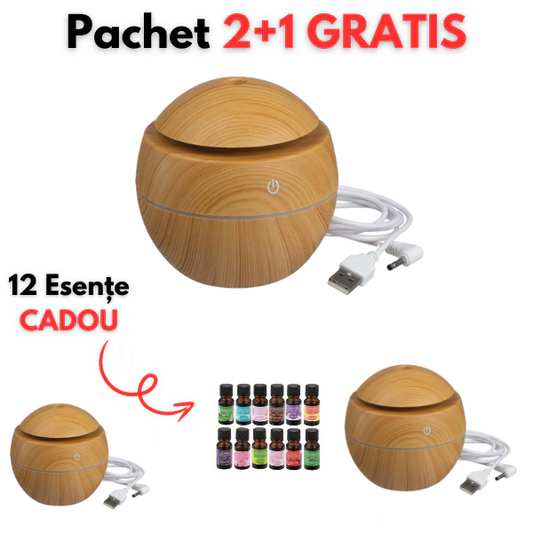 Pachet 2+1 GRATIS Umidificator si Difuzor de aromaterapie, 3 culori ambientale, capacitate 200 ml + 12 uleiuri esentiale CADOU