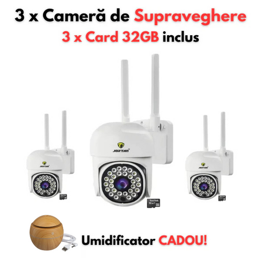 Pachet 3 x Camera de Supraveghere Jortan, JT-8161QJ, Full Color, Smart & Wifi IP Camera + Aroma difuzor confort, umidificator arome pentru camera CADOU!