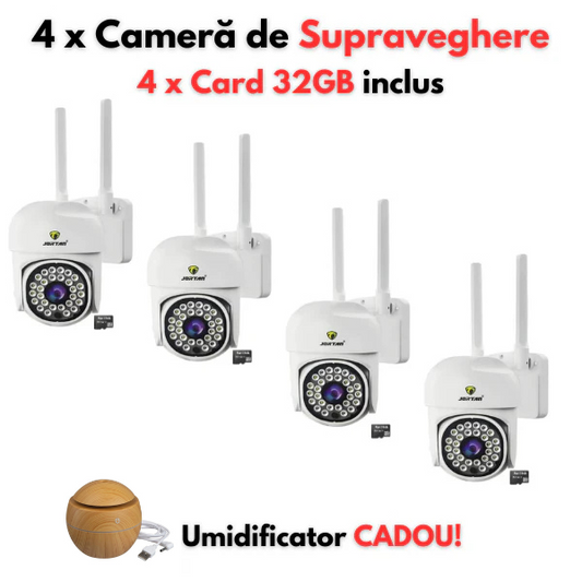 Pachet 4 x Camera de Supraveghere Jortan, JT-8161QJ, Full Color, Smart & Wifi IP Camera + Aroma difuzor confort, umidificator arome pentru camera CADOU!