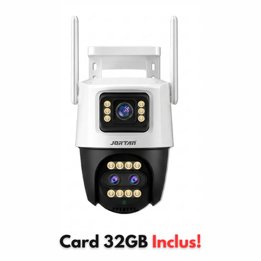 Camera de Supraveghere Dubla Wifi Jortan 9999 PRO, 9 Megapixeli, Night Color, Smart Tracking, Aplicatie iCSee + Card 32GB Inclus