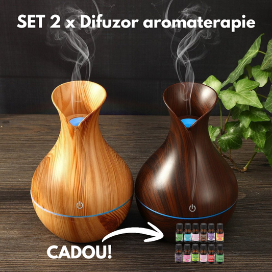 Set 2 x Difuzor Aromaterapie cu ultrasunete si Umidificator cu LED, 130 ml + 12 Uleiuri Esentiale CADOU