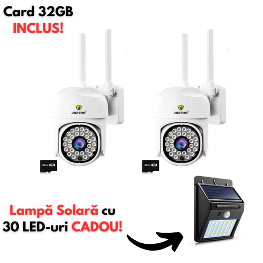 Pachet 2 x Camera de Supraveghere Jortan, JT-8161QJ, Full Color, Smart & Wifi IP Camera + Lampa solara de perete cu senzor miscare 30 LED CADOU