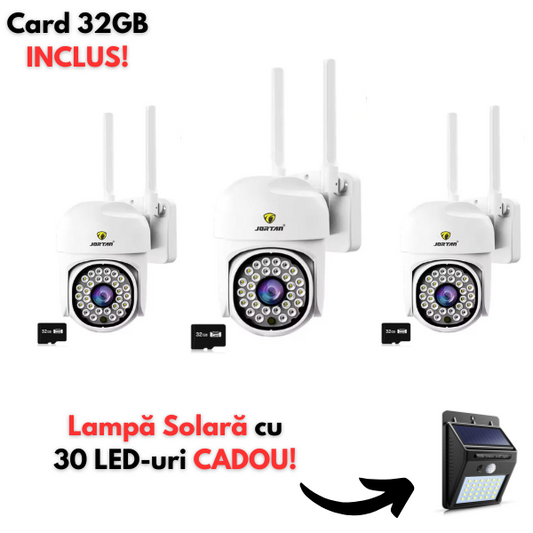 Pachet 3 x Camera de Supraveghere Jortan, JT-8161QJ, Full Color, Smart & Wifi IP Camera + Lampa solara de perete cu senzor miscare 30 LED CADOU