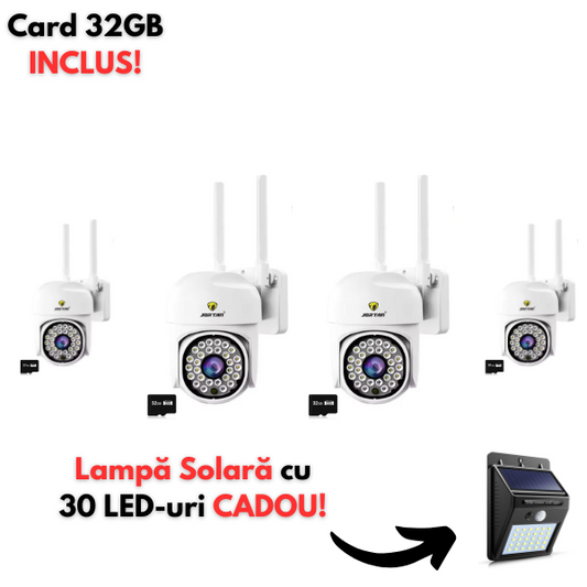 Pachet 4 x Camera de Supraveghere Jortan, JT-8161QJ, Full Color, Smart & Wifi IP Camera + Lampa solara de perete cu senzor miscare 30 LED CADOU