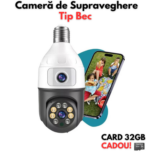 Camera Inteligenta De Supraveghere, cu 2 Lentile, Tip Bec, Conexiune Wifi, Aplicatie Telefon si Microfon Incorporat + Card 32GB Cadou