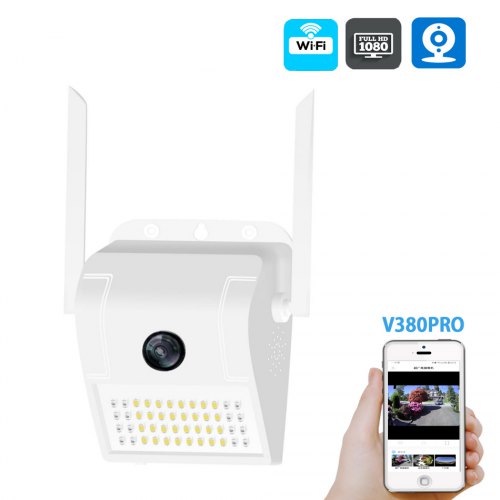 Camera de supraveghere IP WIFI Camera Jortan , Exterior , Conectare Telefon / PC, lampa de perete 32 LED-uri, night vision color, rezistenta la apa, FullHD 1920*1080, camera 2.0 MP, senzor miscare, alb