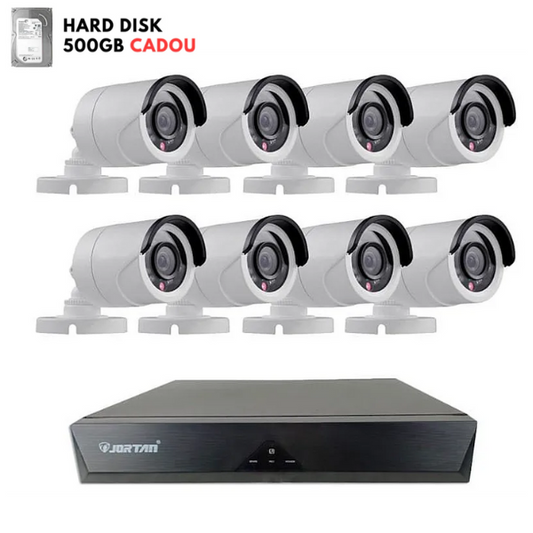 Kit de supraveghere JORTAN cu 8 camere CCTV AHD 1080P + DVR + Hard Disk 500GB CADOU